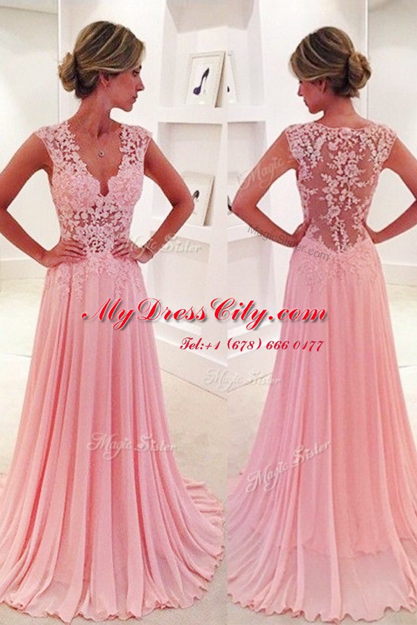 Low Price V-neck Sleeveless Sweep Train Side Zipper Homecoming Dress Pink Chiffon