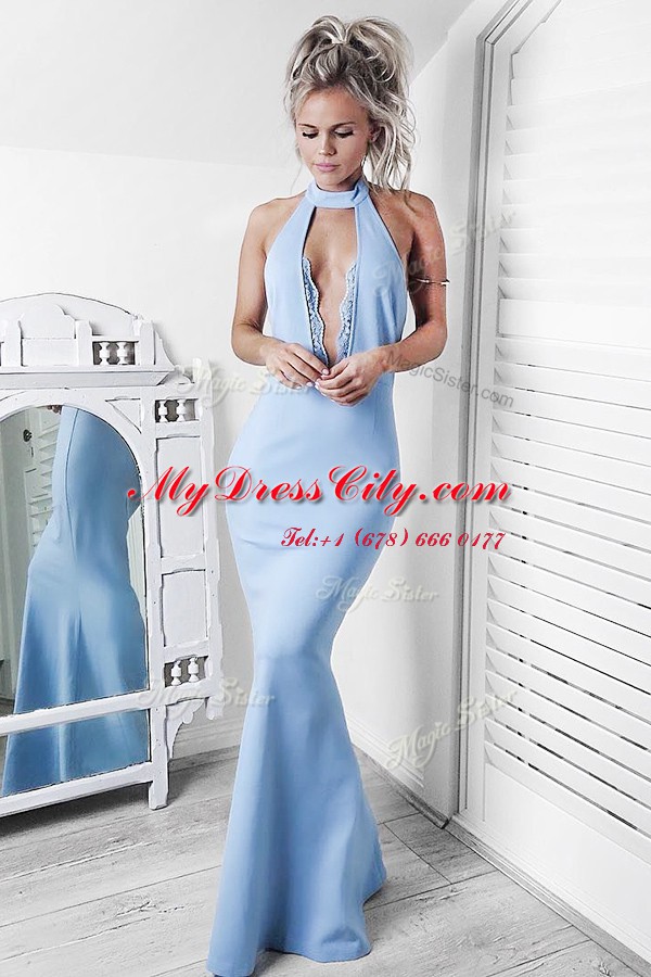 Flare Light Blue Mermaid Halter Top Sleeveless Satin Floor Length Backless Lace Prom Evening Gown