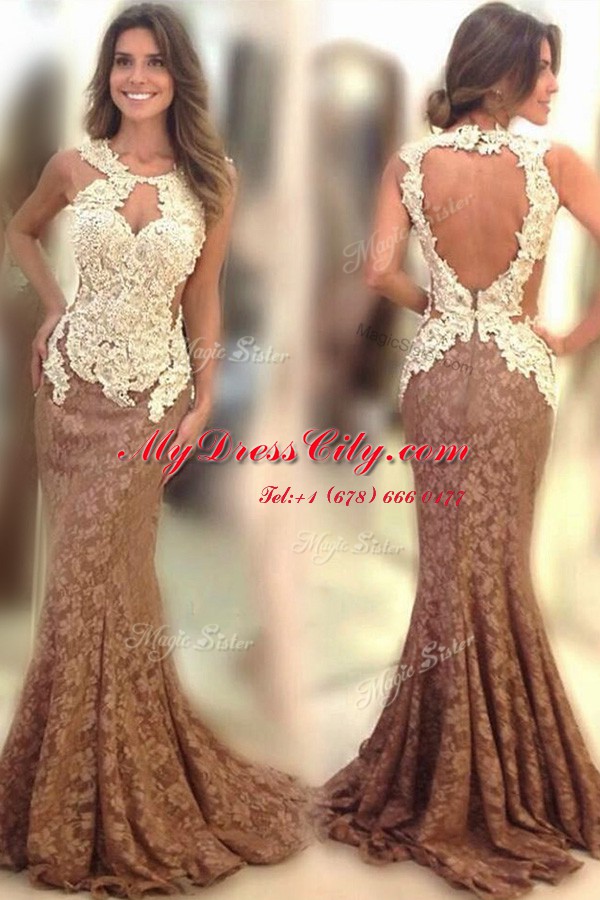 Mermaid Scoop Brown Lace Backless Prom Party Dress Sleeveless Sweep Train Appliques