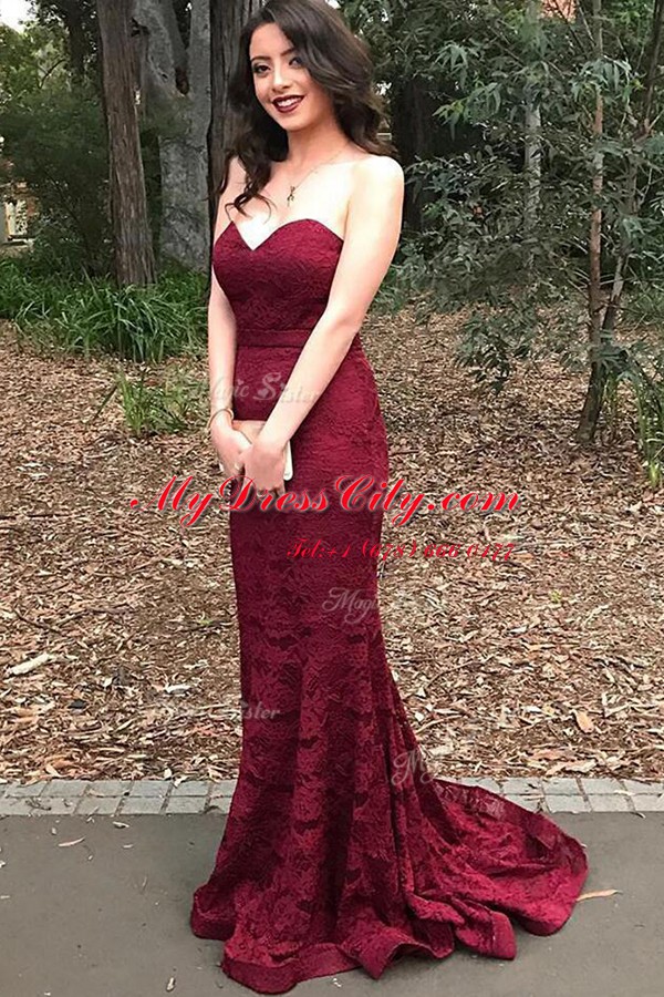 Flirting Mermaid Burgundy Sweetheart Neckline Lace Evening Dress Sleeveless Lace Up