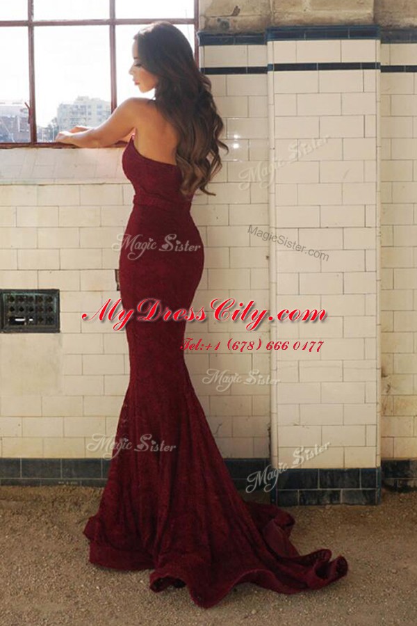 Flirting Mermaid Burgundy Sweetheart Neckline Lace Evening Dress Sleeveless Lace Up