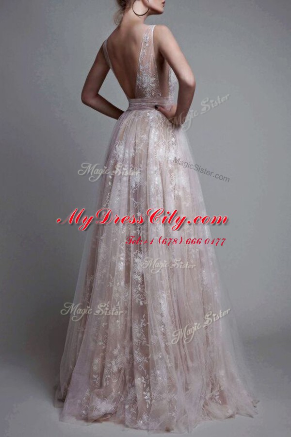 Beauteous White and Champagne Sleeveless Lace Floor Length Prom Gown