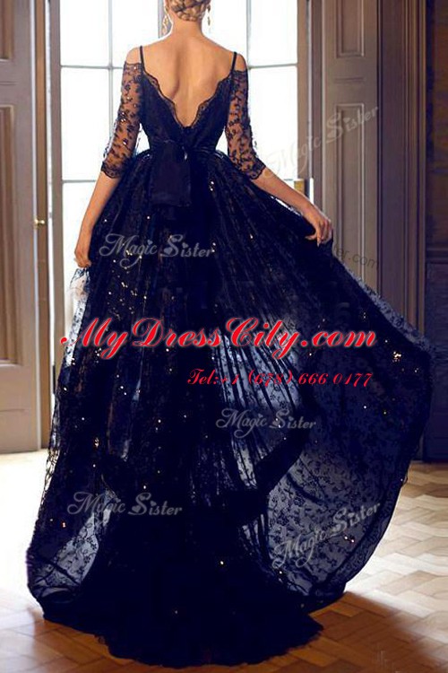 Extravagant Off the Shoulder Navy Blue Lace Backless Homecoming Dress Online Half Sleeves High Low Lace