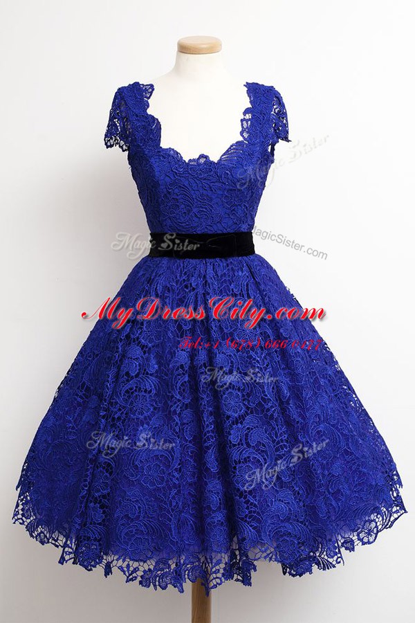 Pretty Royal Blue Prom Party Dress Prom and Party and For with Lace Scoop Cap Sleeves Zipper