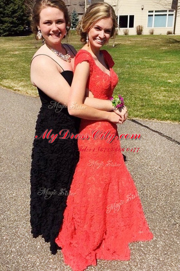 Unique Lace Mermaid Short Sleeves Red Dress for Prom Sweep Train Backless