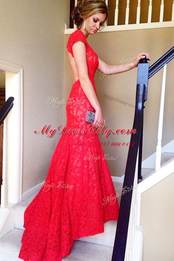 Unique Lace Mermaid Short Sleeves Red Dress for Prom Sweep Train Backless