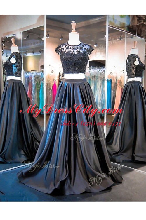 Scoop With Train Black Prom Party Dress Taffeta Brush Train Sleeveless Lace and Ruching