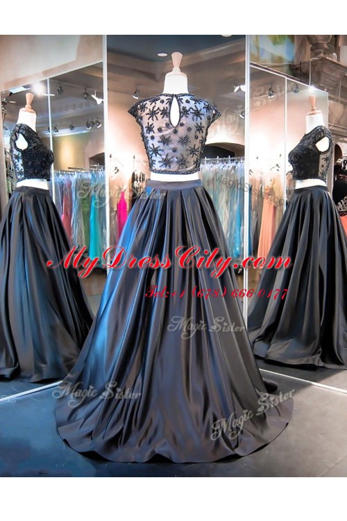 Scoop With Train Black Prom Party Dress Taffeta Brush Train Sleeveless Lace and Ruching