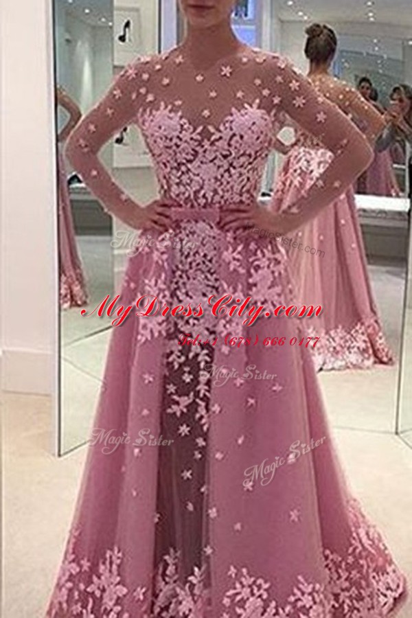 Traditional Long Sleeves Sweep Train Zipper With Train Appliques Dress for Prom