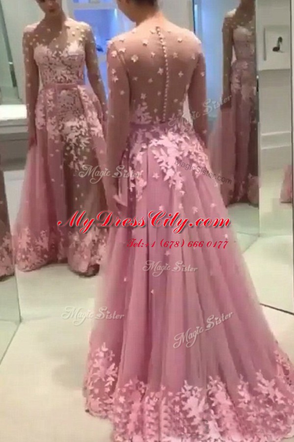 Traditional Long Sleeves Sweep Train Zipper With Train Appliques Dress for Prom