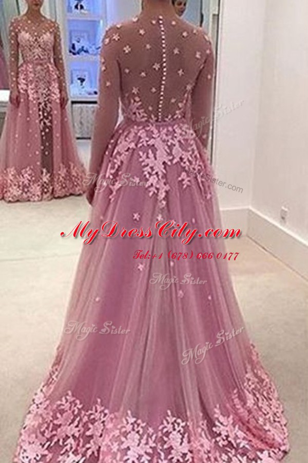 Traditional Long Sleeves Sweep Train Zipper With Train Appliques Dress for Prom