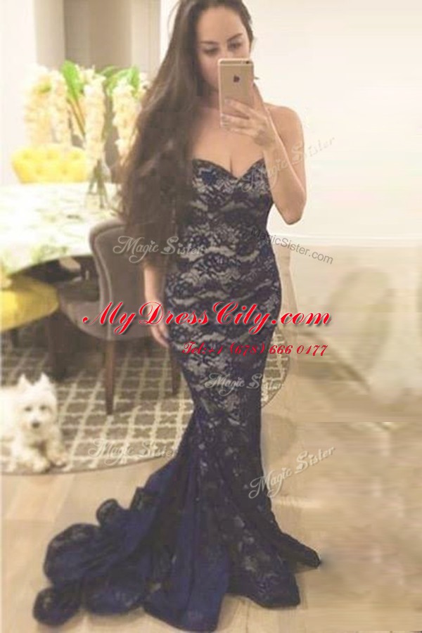 Dramatic Mermaid Navy Blue Prom Evening Gown Prom and For with Lace Sweetheart Sleeveless Sweep Train Zipper