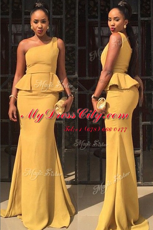 High End Mermaid One Shoulder Sleeveless Zipper Dress for Prom Yellow Elastic Woven Satin