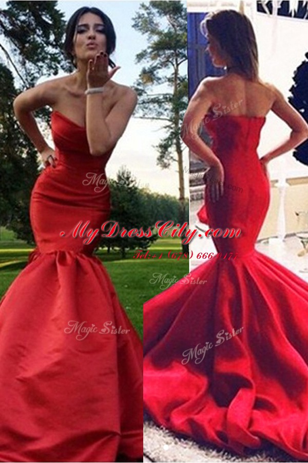 Mermaid Pleated Dress for Prom Red Zipper Sleeveless Sweep Train