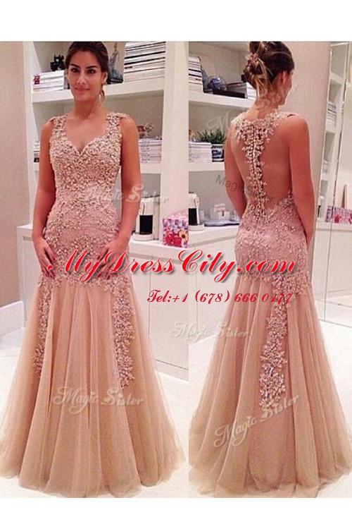 Glamorous Peach Mermaid Tulle V-neck Sleeveless Beading and Appliques Floor Length Zipper Prom Dresses