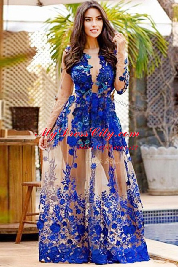 High Class Mermaid Royal Blue Scoop Zipper Appliques Prom Dress Long Sleeves