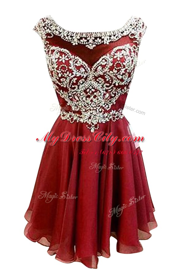 Latest Burgundy Chiffon Zipper Bateau Cap Sleeves Mini Length Prom Dresses Beading and Sashes ribbons