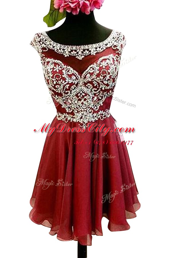 Latest Burgundy Chiffon Zipper Bateau Cap Sleeves Mini Length Prom Dresses Beading and Sashes ribbons