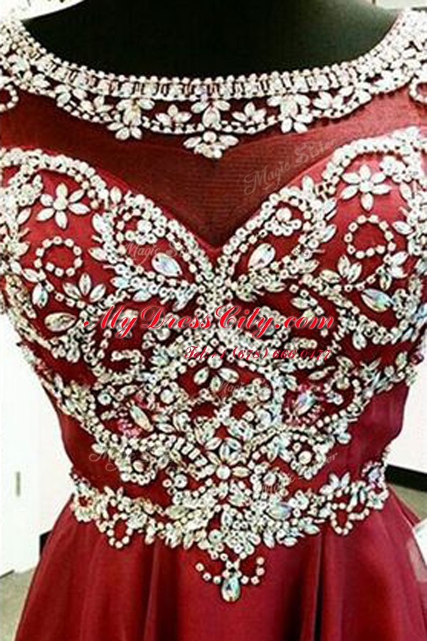 Latest Burgundy Chiffon Zipper Bateau Cap Sleeves Mini Length Prom Dresses Beading and Sashes ribbons