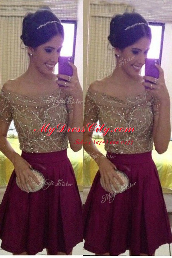 Burgundy Chiffon Zipper Off The Shoulder Sleeveless Mini Length Prom Gown Beading