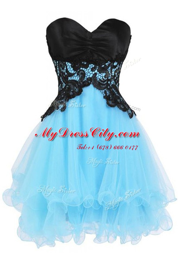 Sweet Blue And Black Sleeveless Tulle Lace Up Prom Gown for Prom and Party