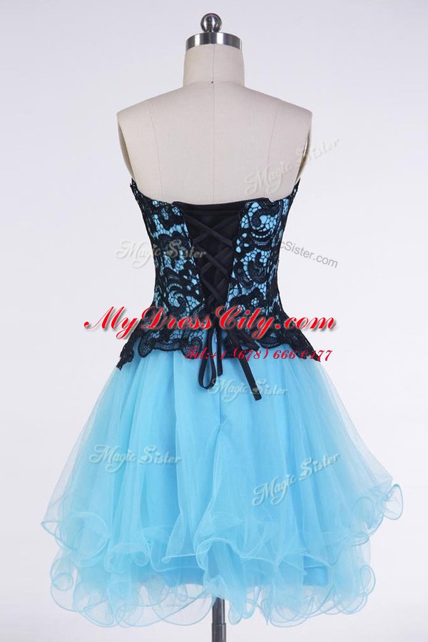 Sweet Blue And Black Sleeveless Tulle Lace Up Prom Gown for Prom and Party