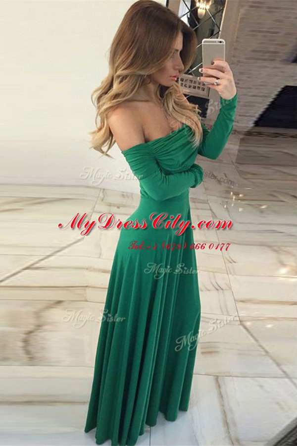 Captivating Green Zipper Off The Shoulder Ruching Homecoming Dress Chiffon Long Sleeves