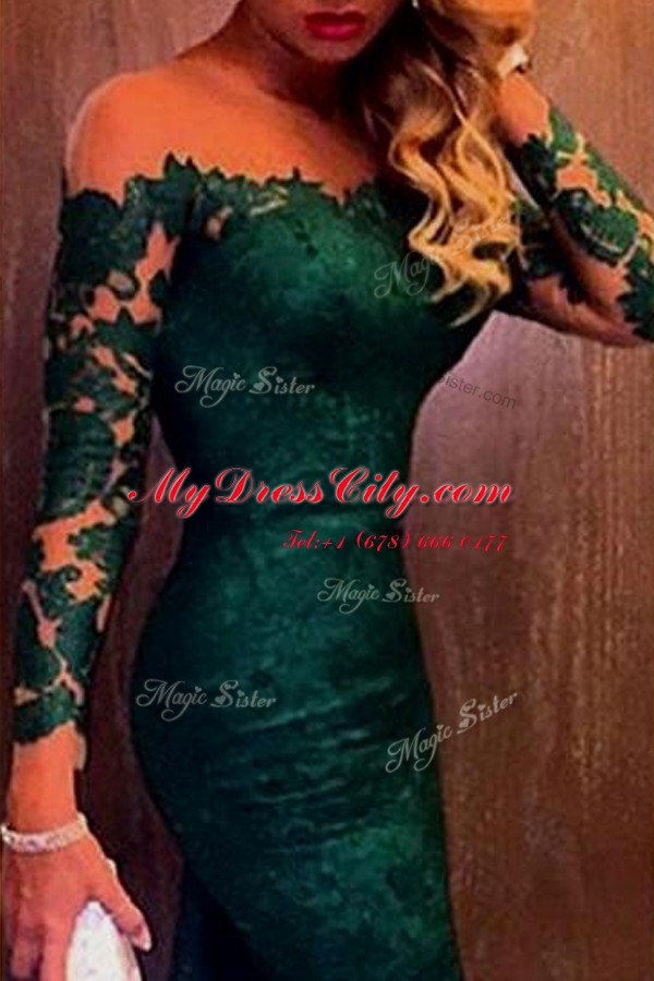 Free and Easy Mermaid Off the Shoulder Dark Green Long Sleeves Sweep Train Lace Prom Dresses