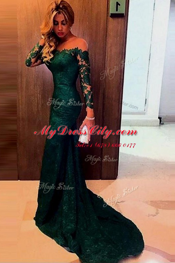 Free and Easy Mermaid Off the Shoulder Dark Green Long Sleeves Sweep Train Lace Prom Dresses