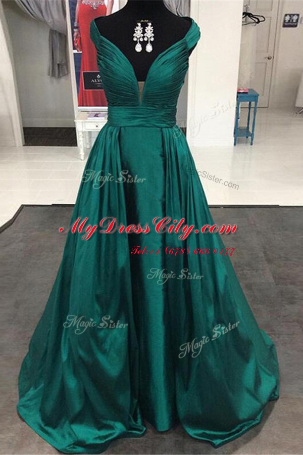 Off the Shoulder Sleeveless Sweep Train Zipper Pleated Prom Gown