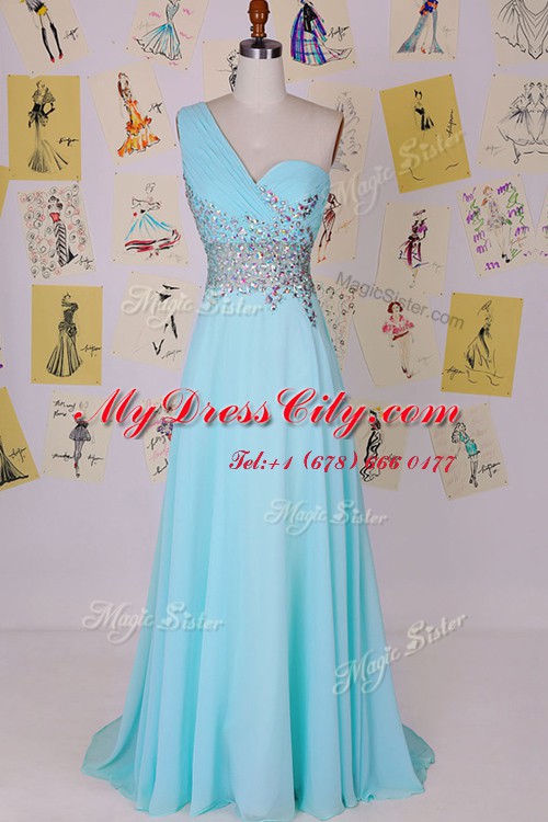 Custom Made One Shoulder Sleeveless With Train Beading Side Zipper with Aqua Blue Brush Train