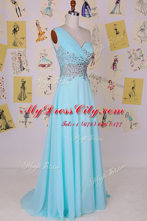 Custom Made One Shoulder Sleeveless With Train Beading Side Zipper with Aqua Blue Brush Train