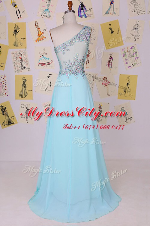 Custom Made One Shoulder Sleeveless With Train Beading Side Zipper with Aqua Blue Brush Train