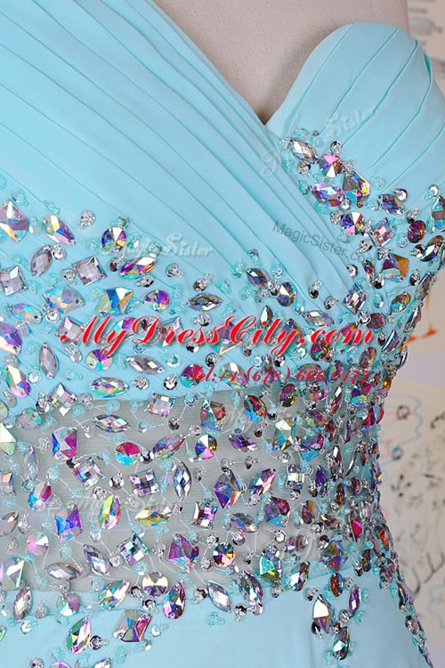 Custom Made One Shoulder Sleeveless With Train Beading Side Zipper with Aqua Blue Brush Train