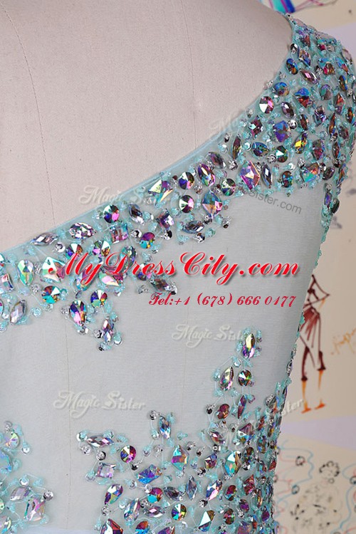 Custom Made One Shoulder Sleeveless With Train Beading Side Zipper with Aqua Blue Brush Train