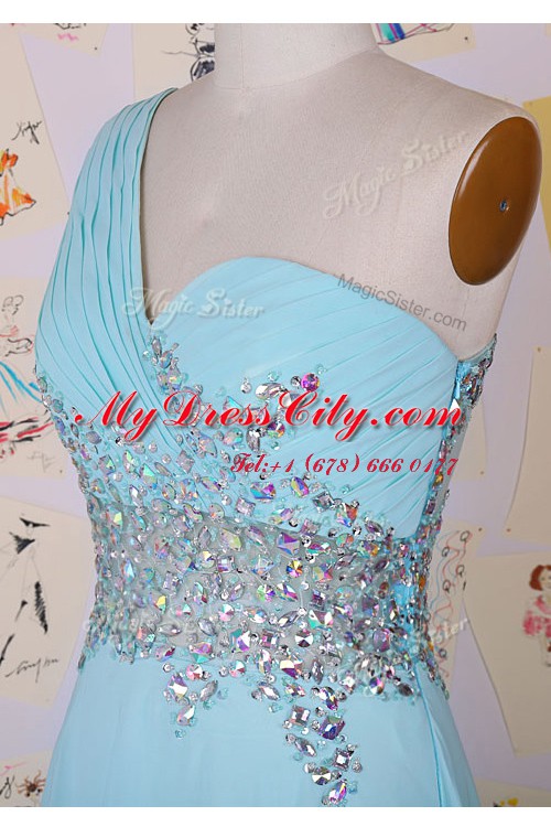 Custom Made One Shoulder Sleeveless With Train Beading Side Zipper with Aqua Blue Brush Train