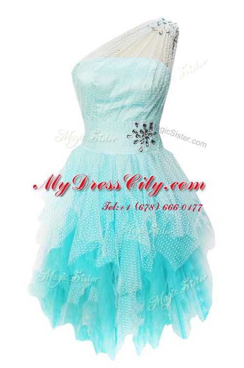 One Shoulder Aqua Blue Sleeveless Beading Knee Length Prom Dresses