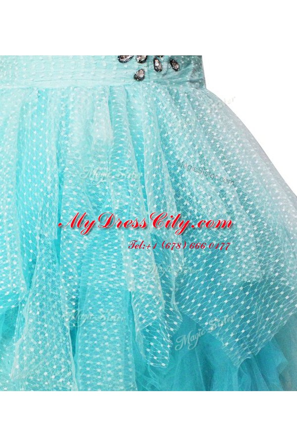 One Shoulder Aqua Blue Sleeveless Beading Knee Length Prom Dresses