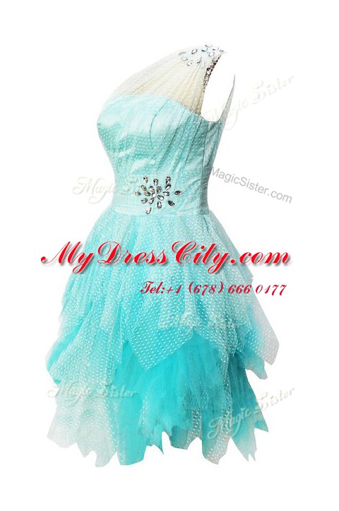 One Shoulder Aqua Blue Sleeveless Beading Knee Length Prom Dresses