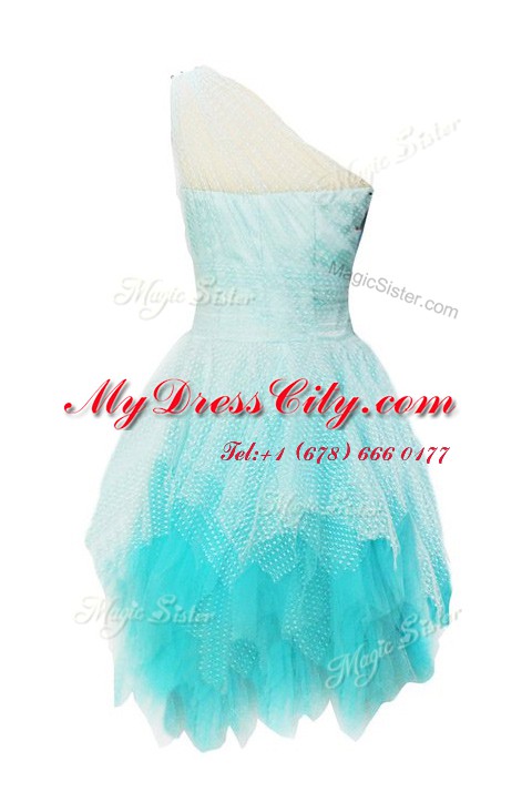 One Shoulder Aqua Blue Sleeveless Beading Knee Length Prom Dresses