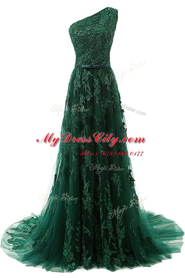 Custom Fit One Shoulder A-line Sleeveless Dark Green Evening Dress Sweep Train Zipper