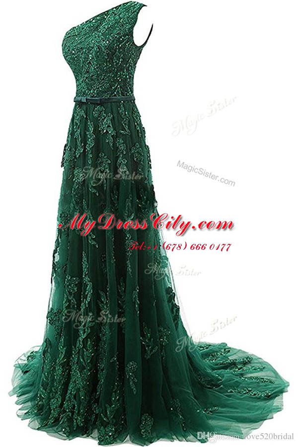 Custom Fit One Shoulder A-line Sleeveless Dark Green Evening Dress Sweep Train Zipper