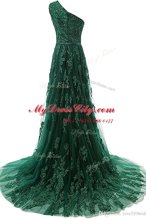 Custom Fit One Shoulder A-line Sleeveless Dark Green Evening Dress Sweep Train Zipper