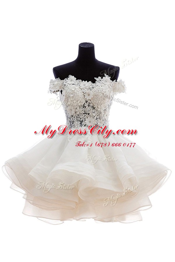 White Organza and Lace Zipper Off The Shoulder Sleeveless Knee Length Prom Dresses Beading