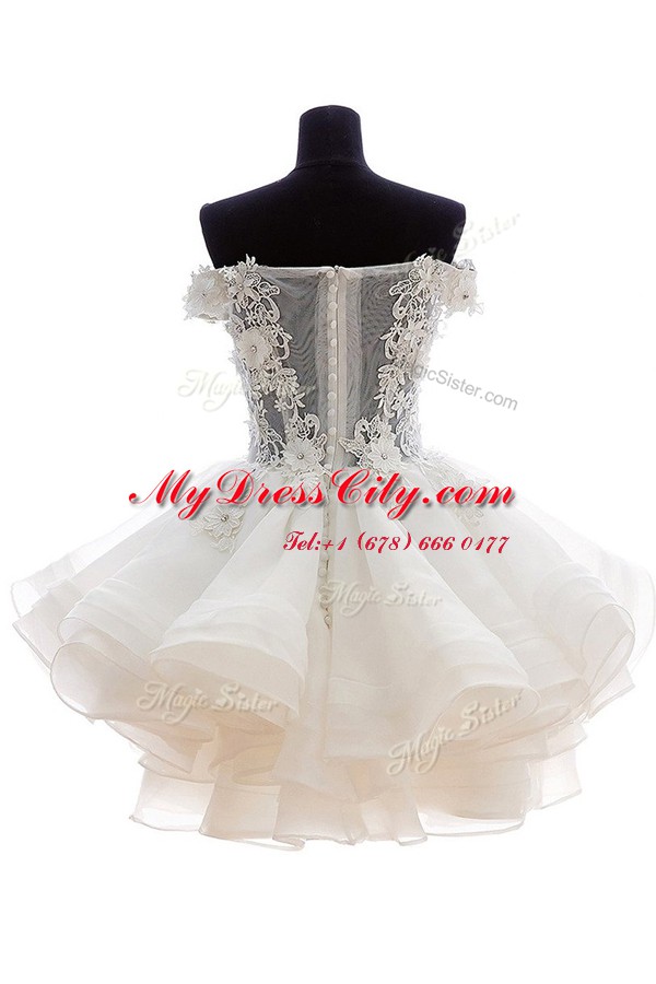 White Organza and Lace Zipper Off The Shoulder Sleeveless Knee Length Prom Dresses Beading