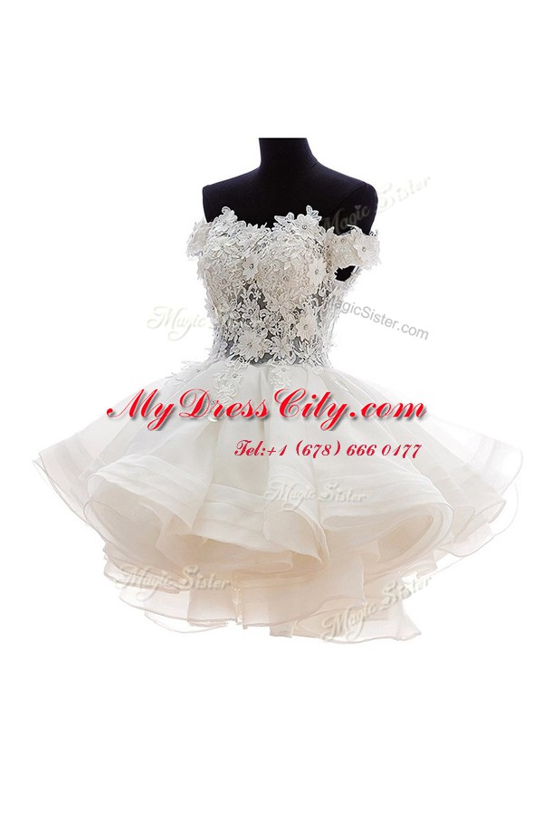 White Organza and Lace Zipper Off The Shoulder Sleeveless Knee Length Prom Dresses Beading