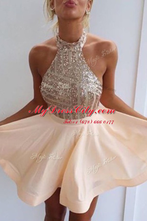 Edgy Peach Chiffon Backless Halter Top Sleeveless Mini Length Prom Dresses Beading