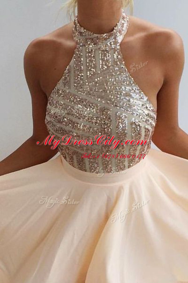 Edgy Peach Chiffon Backless Halter Top Sleeveless Mini Length Prom Dresses Beading