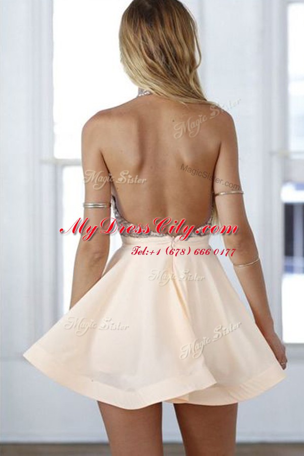 Edgy Peach Chiffon Backless Halter Top Sleeveless Mini Length Prom Dresses Beading