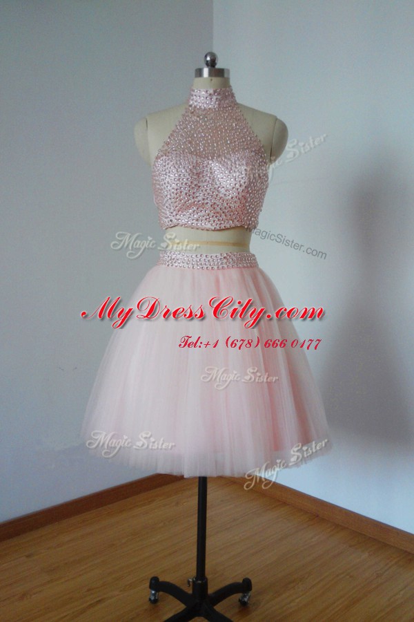 Glamorous Pink Tulle Zipper Prom Dresses Sleeveless Mini Length Beading